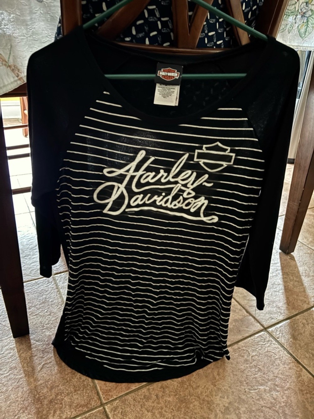 Harley-Davidson Black & White Striped Three Quarter Sleeve Top